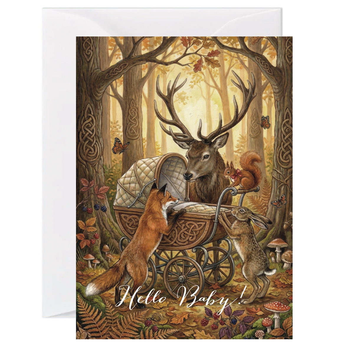 Woodland new baby greeting card featuring a stag fox rabbit and squirrel gathered around a vintage baby carriage in an autumn forest