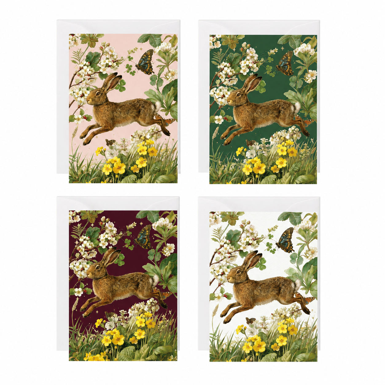 Four illustrated greeting cards arranged in a 2x2 grid on a white background. Each card shows a brown hare jumping among white flowers, yellow blossoms, green foliage, and butterflies, with different pastel backgrounds: blush pink, dark green, deep burgundy, and off-white.