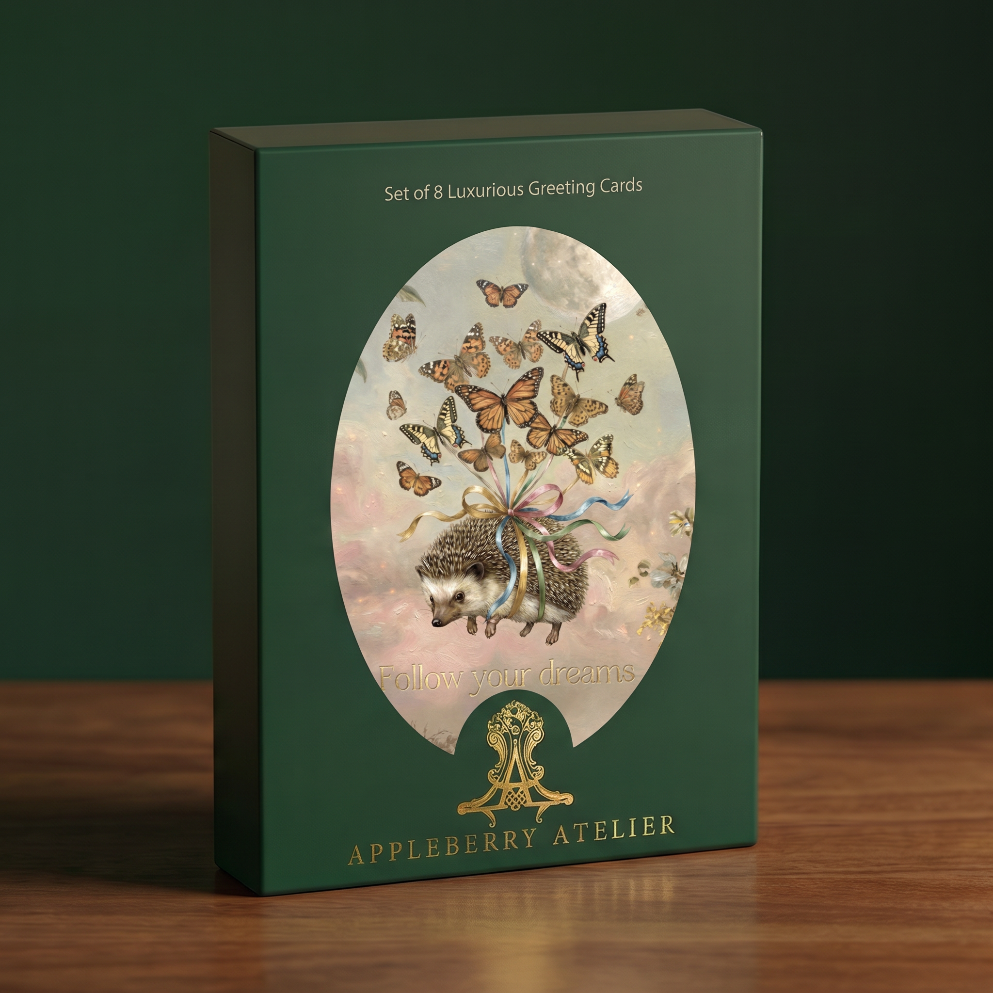 A dark green rectangular box of Appleberry Atelier 'Set of 8 Luxurious Greeting Cards' standing on a wooden surface against a dark green background. The front features an oval illustration of a hedgehog with colorful butterflies and ribbons, and the text 'Follow your dreams'.