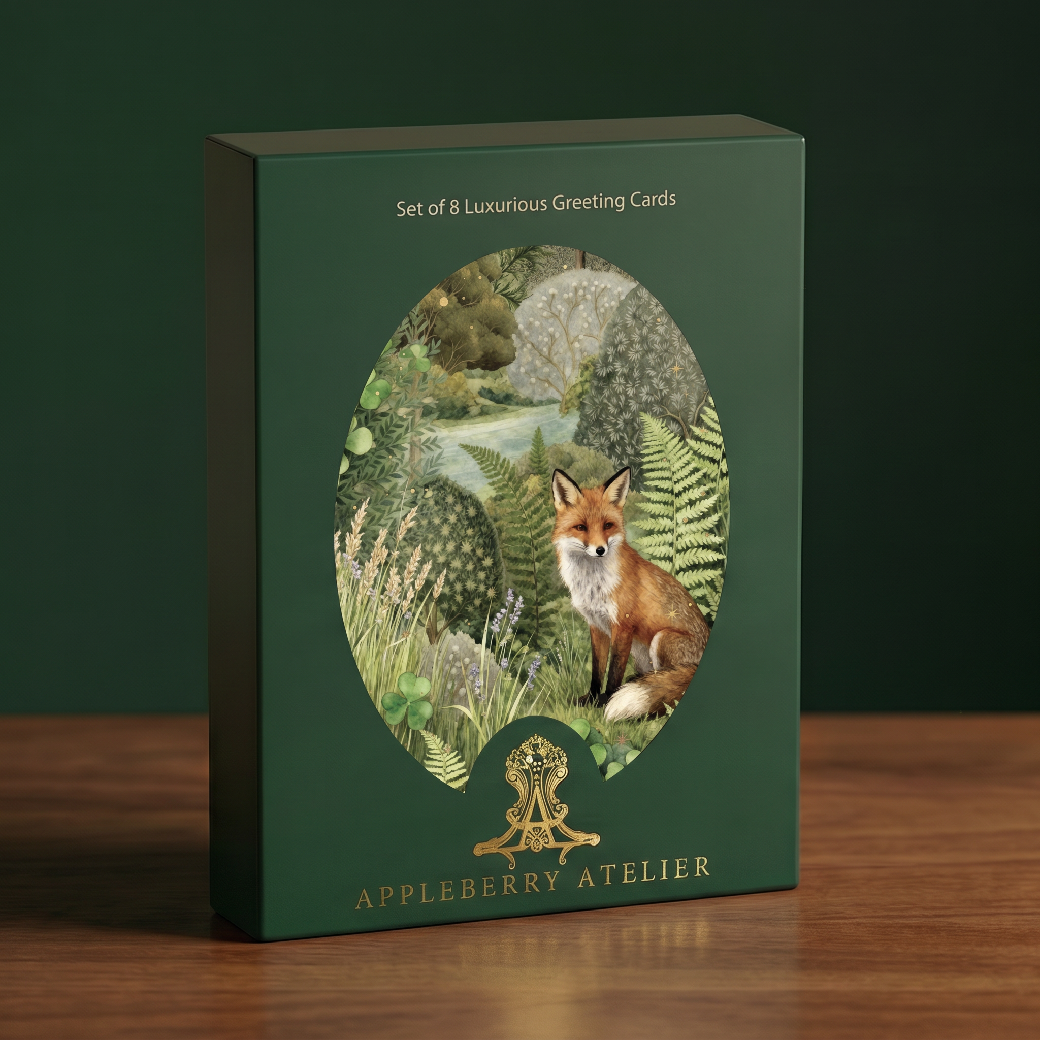 A dark green rectangular box for Appleberry Atelier greeting cards, standing on a wooden surface against a dark green background. The front features an oval illustration with a fox in a forest scene and the text 'Set of 8 Luxurious Greeting Cards' and 'APPLEBERRY ATELIER' in gold.
