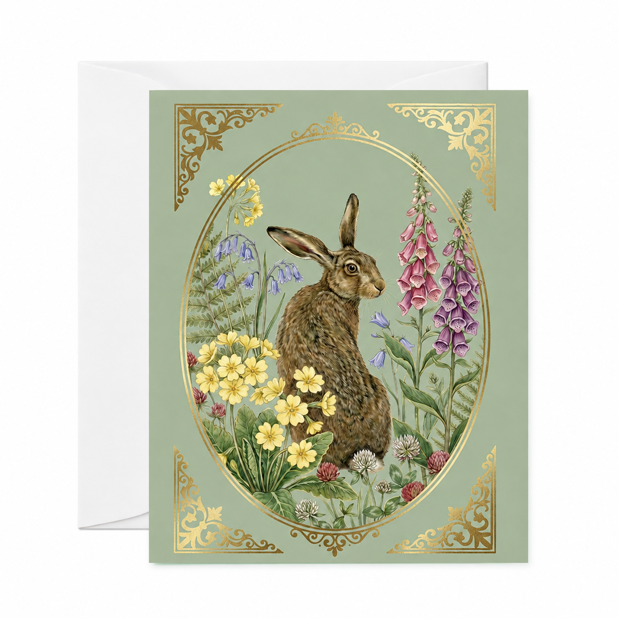 A square greeting card with a white envelope behind it, featuring an illustrated brown hare surrounded by yellow flowers, purple foxglove, and green foliage inside an oval frame with gold decorative corners on a pale sage green background.
