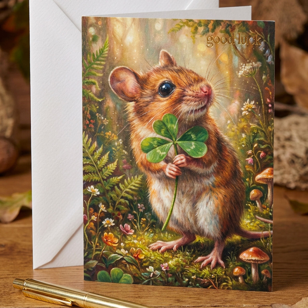 Greeting card with a mouse holding a four-leaf clover in a forest setting