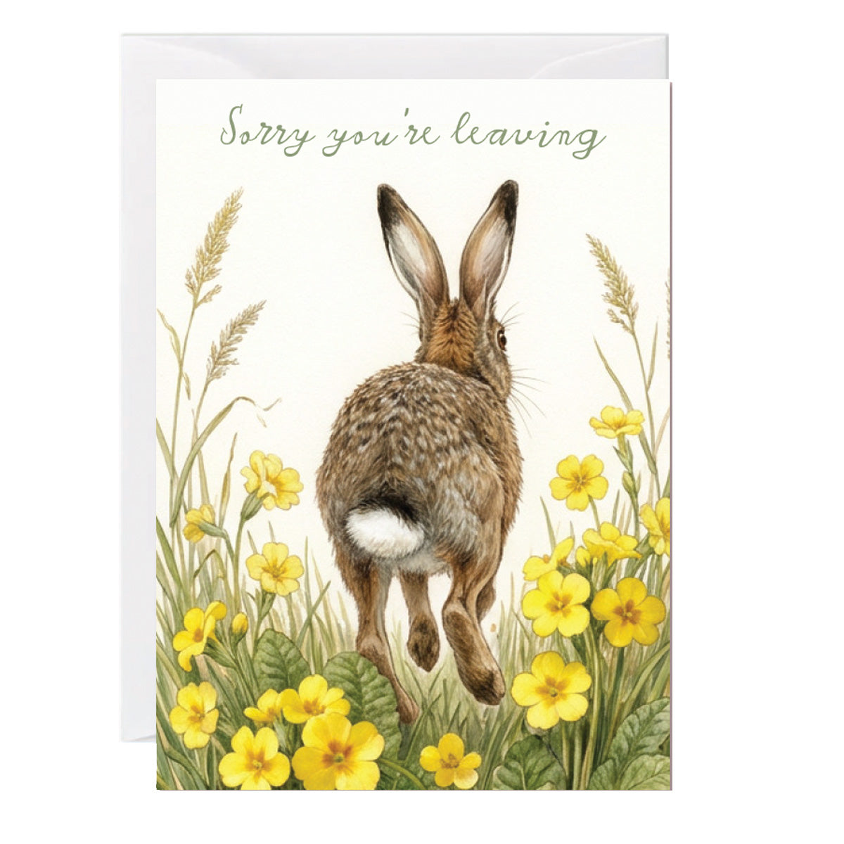 Illustrated woodland hare hopping through yellow wildflowers with Sorry you’re leaving message