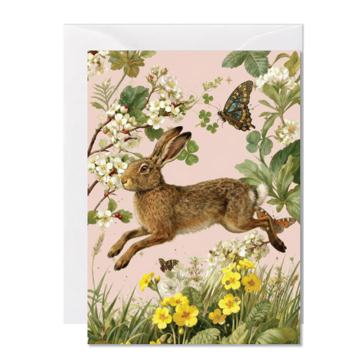 Illustrated woodland hare leaping through spring blossom and wildflowers with butterflies