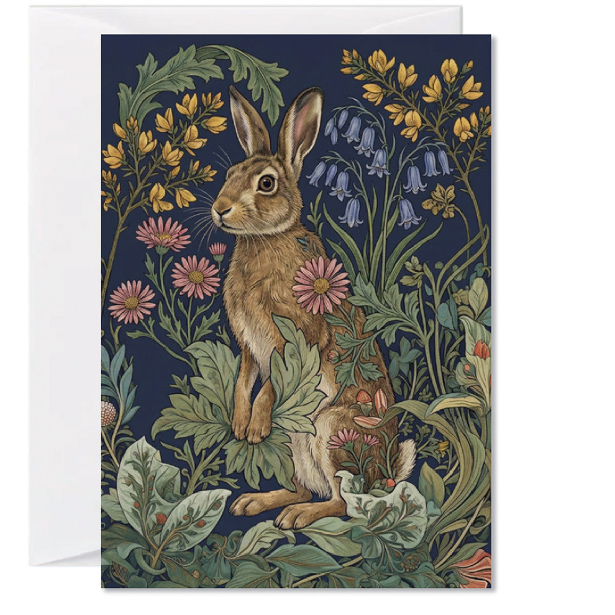 Illustrated woodland hare greeting card surrounded by spring blossoms and butterflies