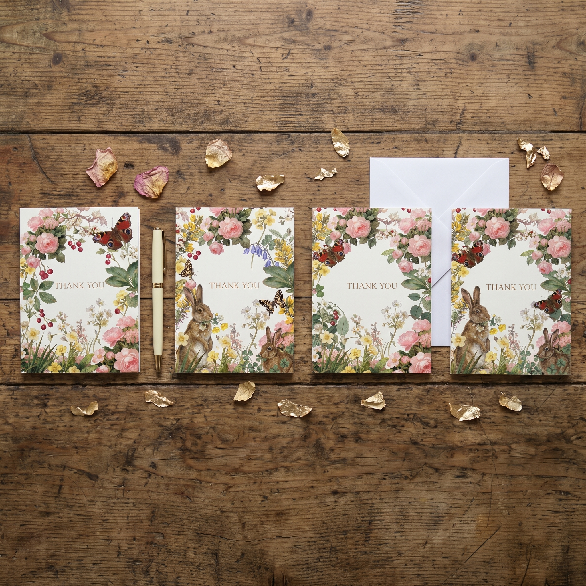Four floral thank-you cards with rabbits and butterflies are arranged on a rustic wooden surface with dried leaves and a white envelope.