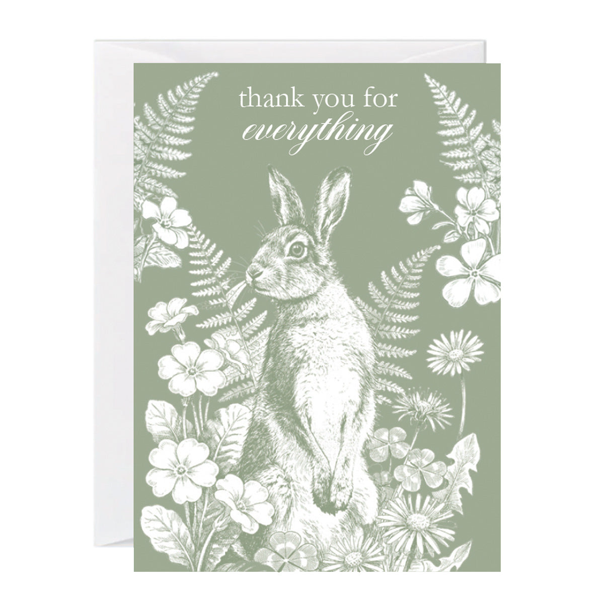 Illustrated botanical hare greeting card with thank you for everything message and wildflowers