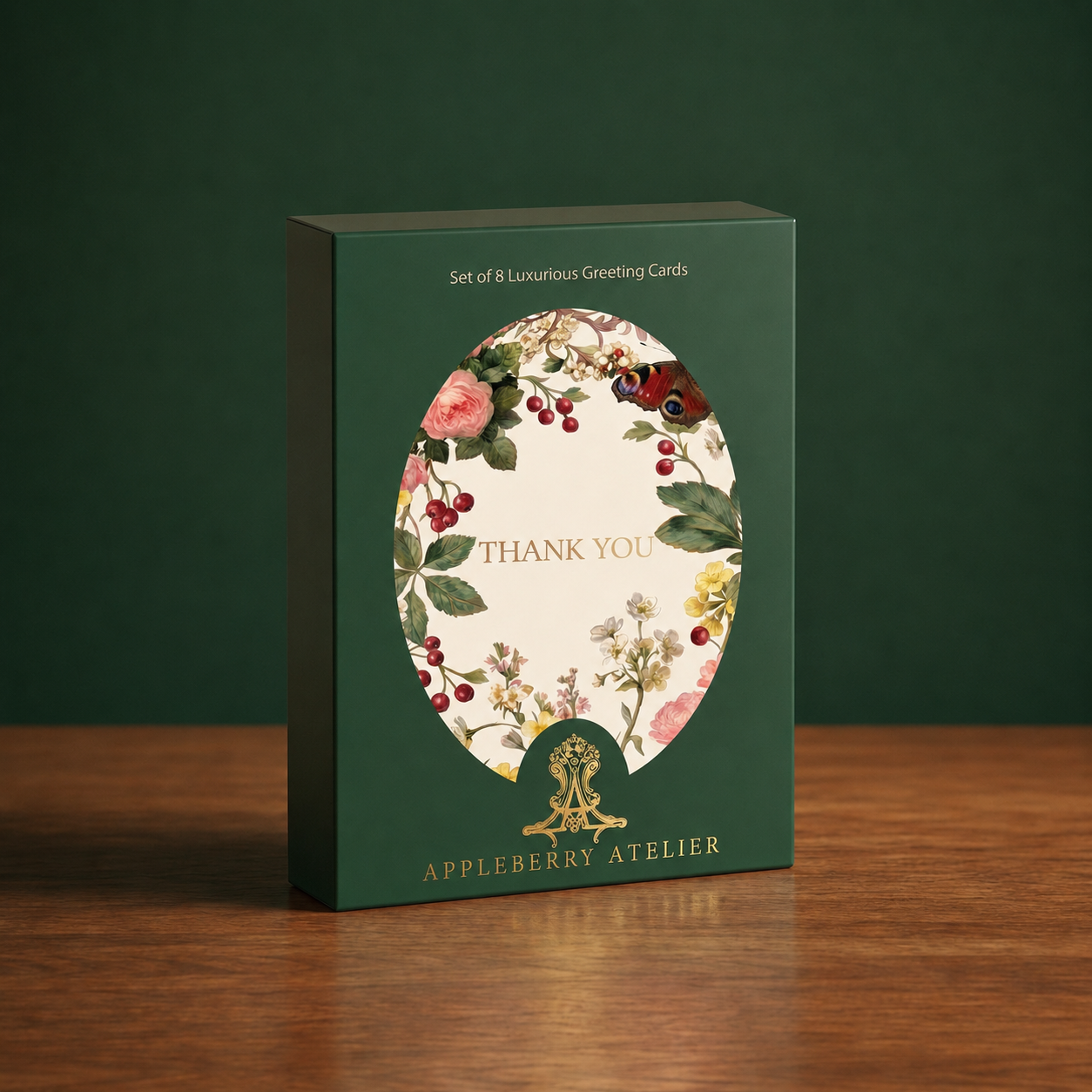 A dark green gift box for Appleberry Atelier luxury greeting cards, standing on a wooden table against a dark green background. The front of the box features a large oval floral illustration with the words 'THANK YOU' and 'Set of 8 Luxurious Greeting Cards' printed at the top.