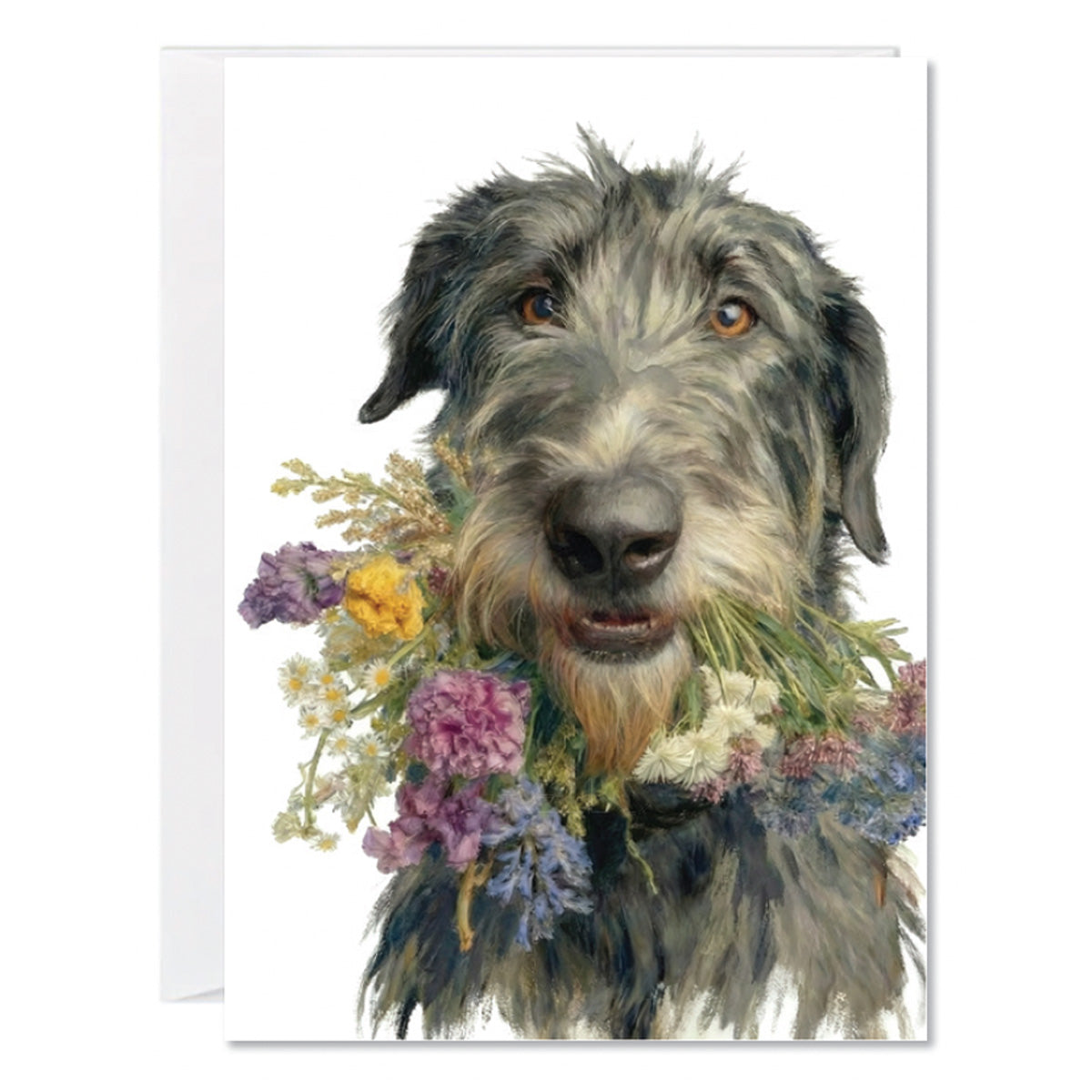 Illustrated deerhound greeting card adorned with wildflowers