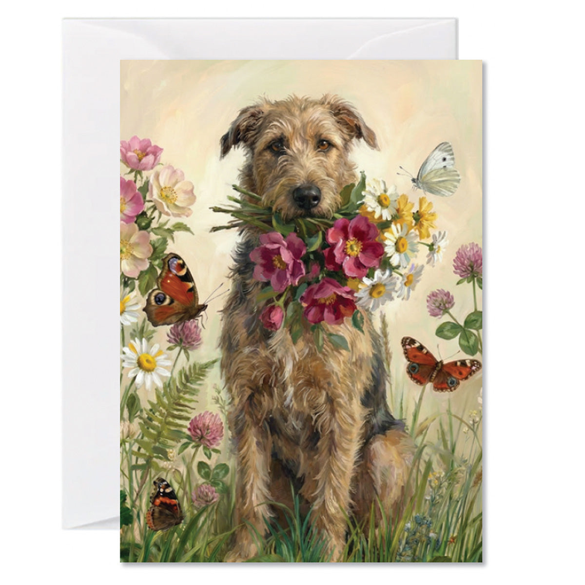 Illustrated terrier greeting card surrounded by wildflowers and butterflies