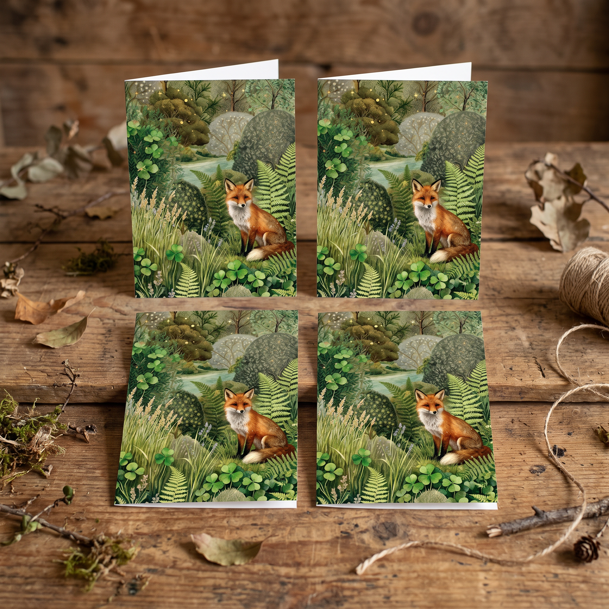 Four matching greeting cards arranged in a 2x2 grid on a rustic wooden surface. Each card features an illustrated red fox sitting among green ferns and foliage.