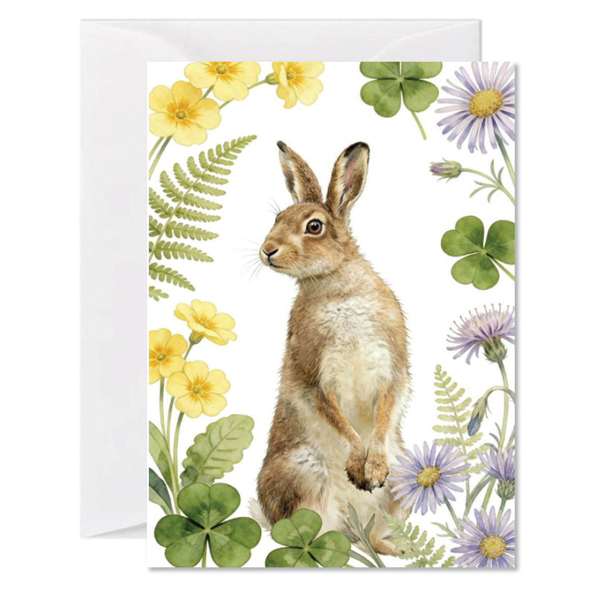 Illustrated woodland hare greeting card surrounded by spring flowers and clover leaves