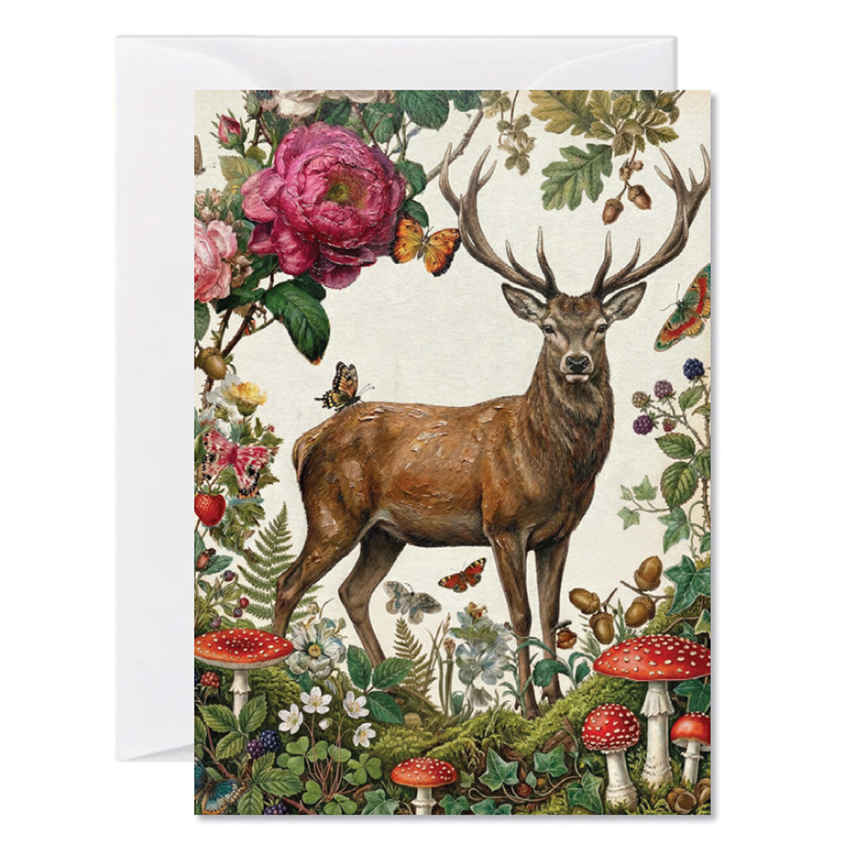 Illustrated woodland stag greeting card surrounded by wildflowers, mushrooms, and butterflies